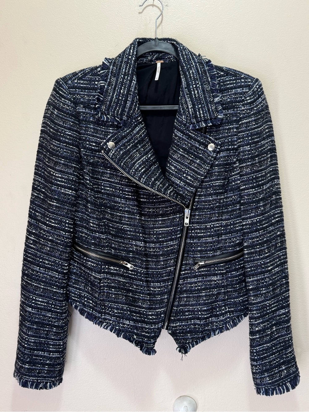 Free People Frayed Tweed Asymmetrical Moto Jacket